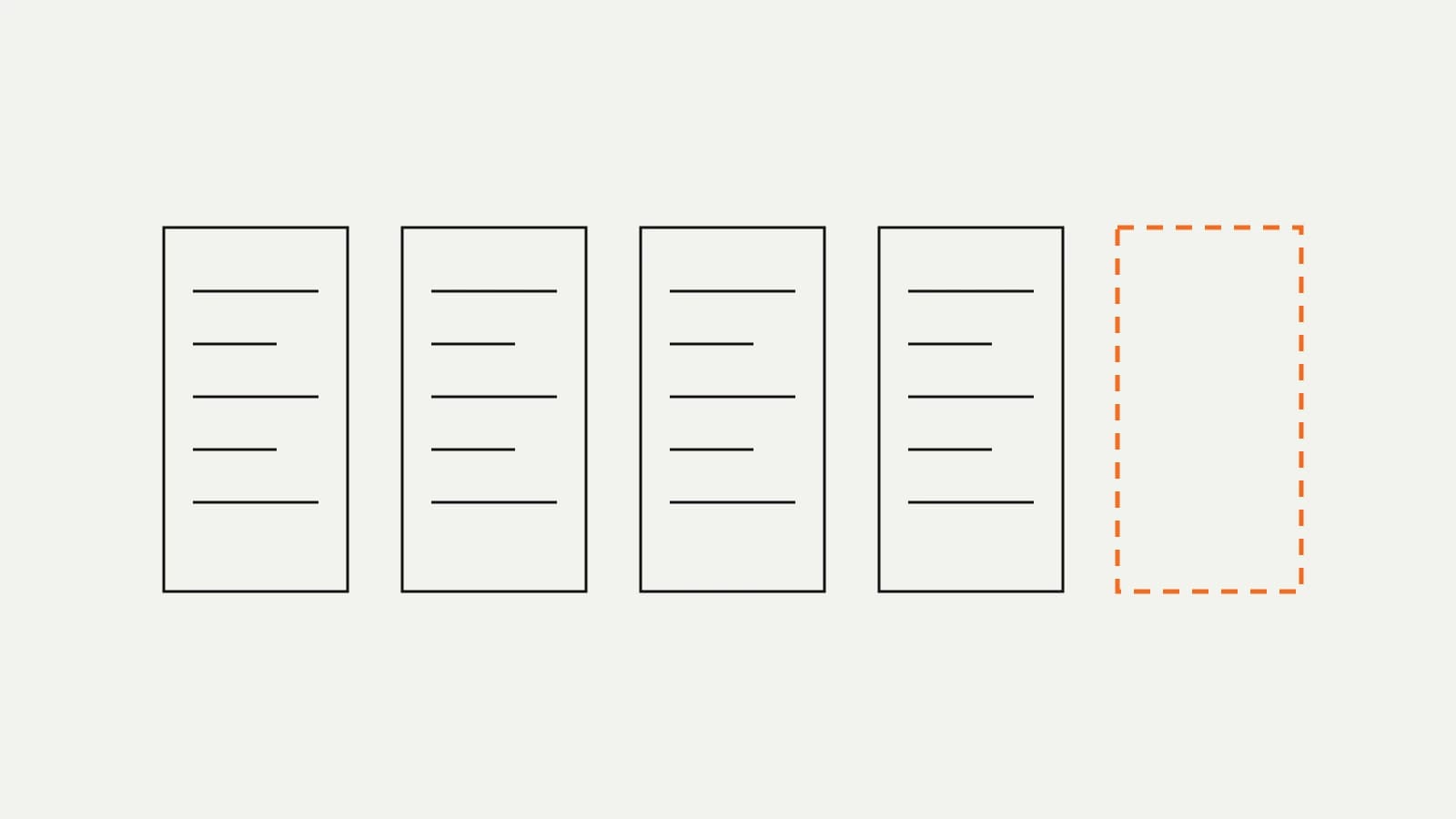 A row of identical monthly report shapes, the last one outlined in orange and empty.