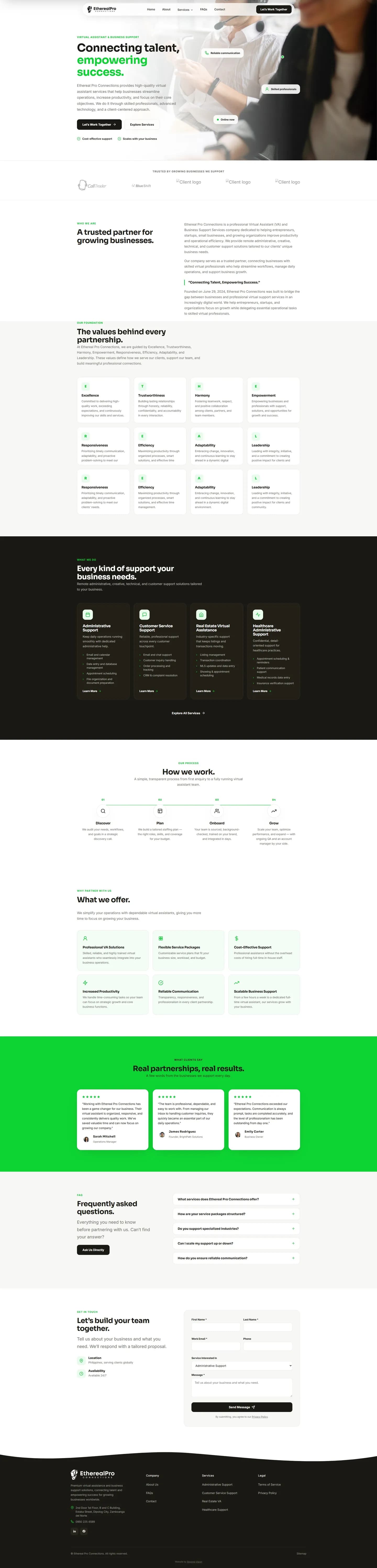 The Ethereal Pro Connections site, leading with the line Connecting talent, empowering success.