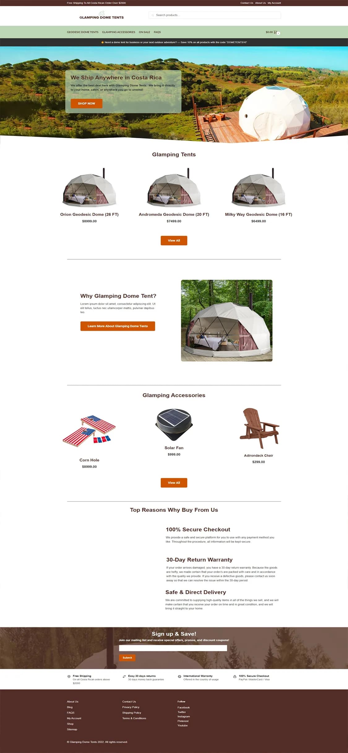 The Glamping Dome Tents storefront, showing geodesic domes listed by size.