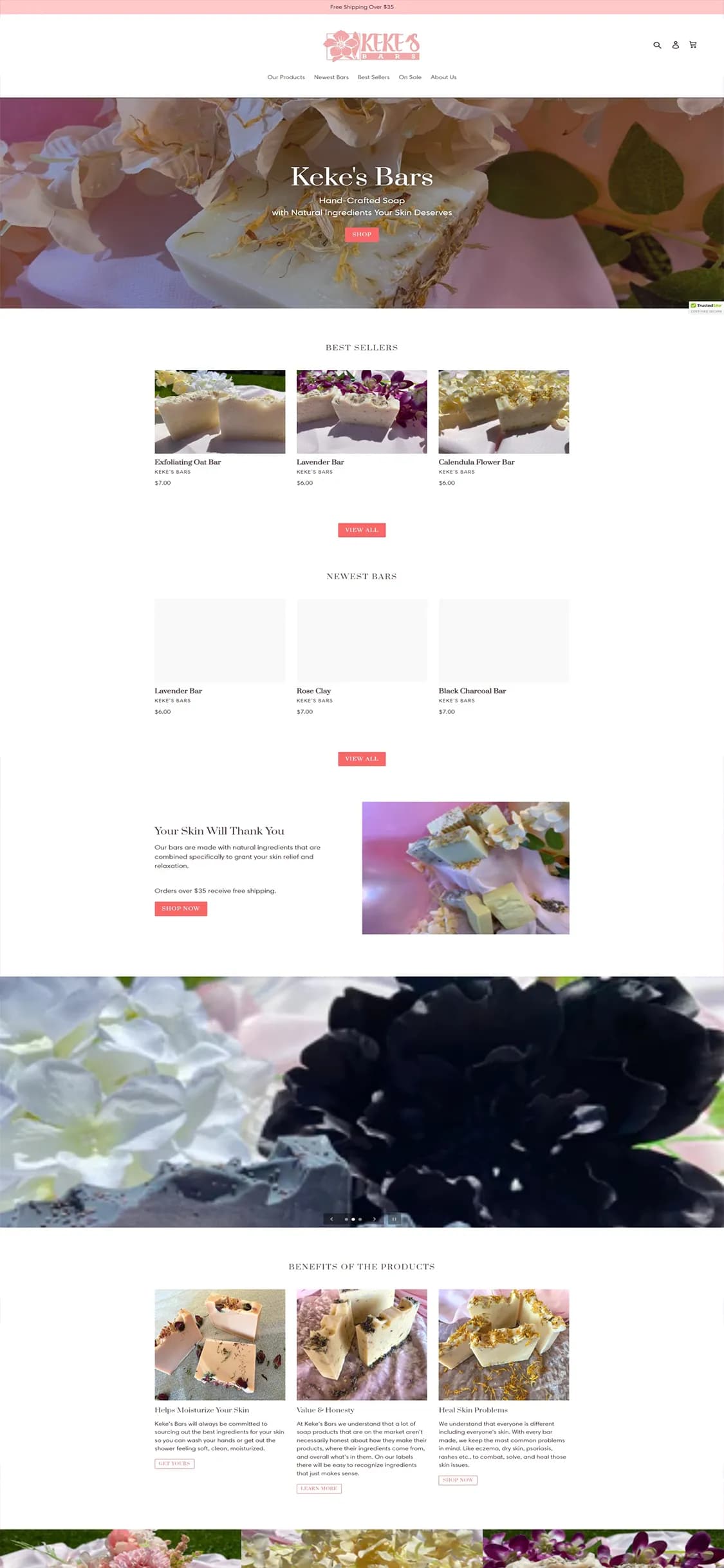 The Keke's Bars storefront, leading with handmade soap photography.