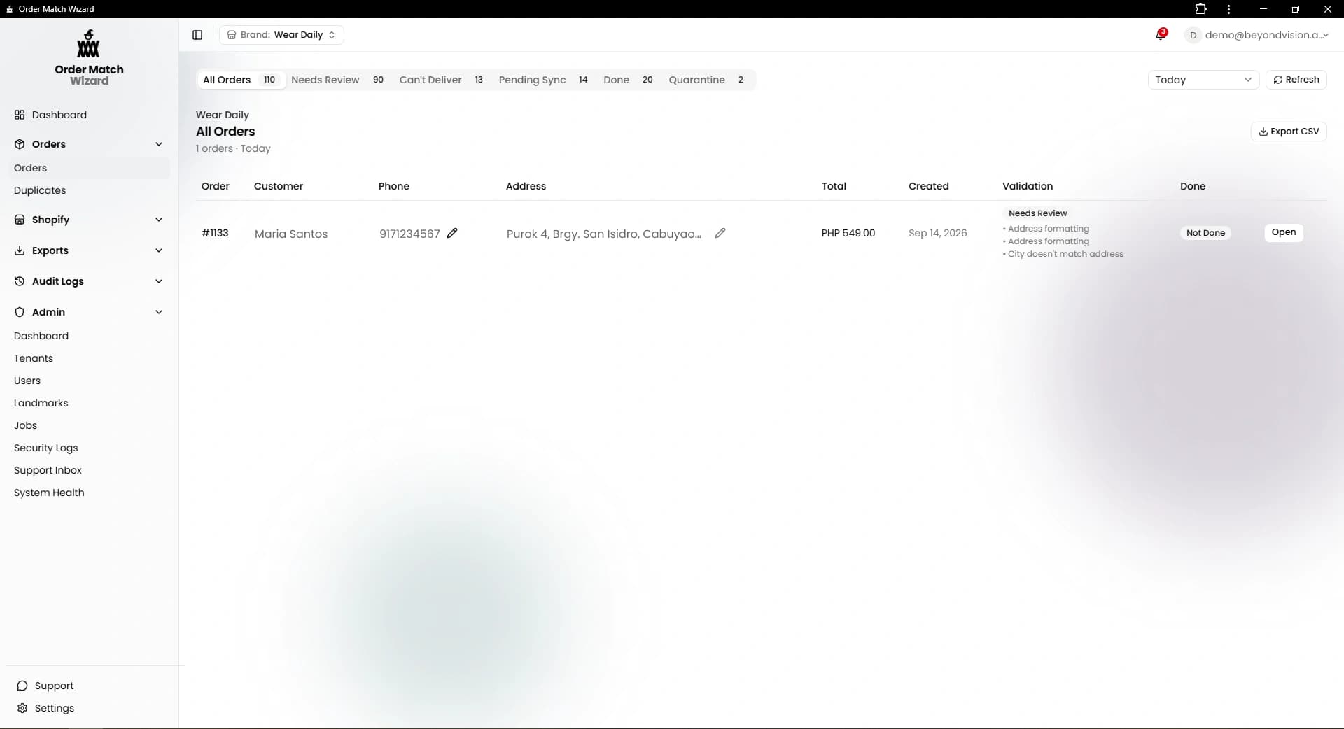 The Order Match Wizard order queue: 110 orders in total with 90 needing review, 13 that cannot be delivered, and 2 quarantined. One order is flagged for address formatting and a city that does not match the address.