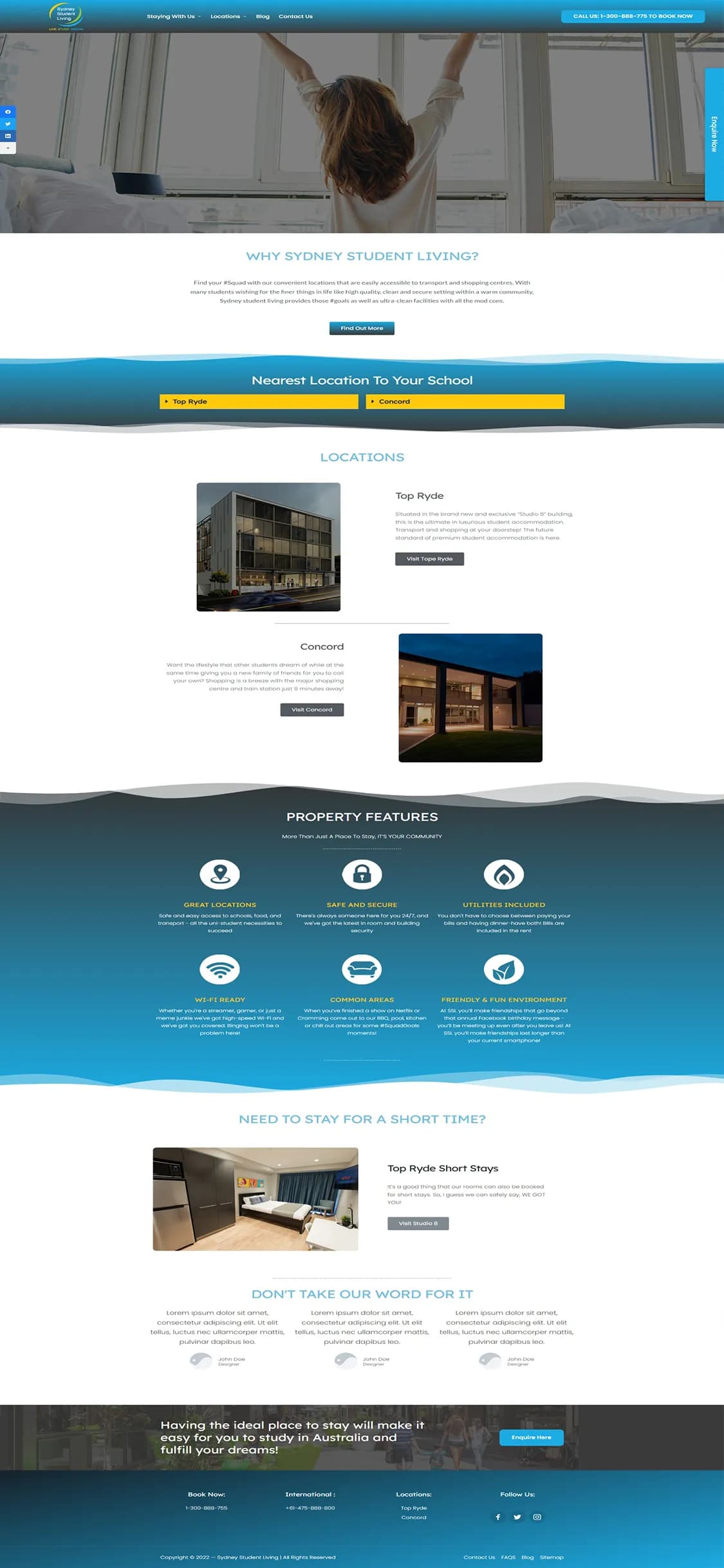 The Sydney Student Living site, leading with accommodation photography and locations.