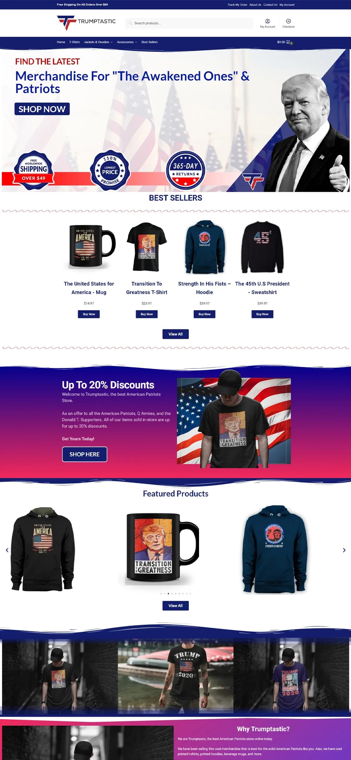 The Trumptastic storefront, leading with a merchandise hero and trust badges.