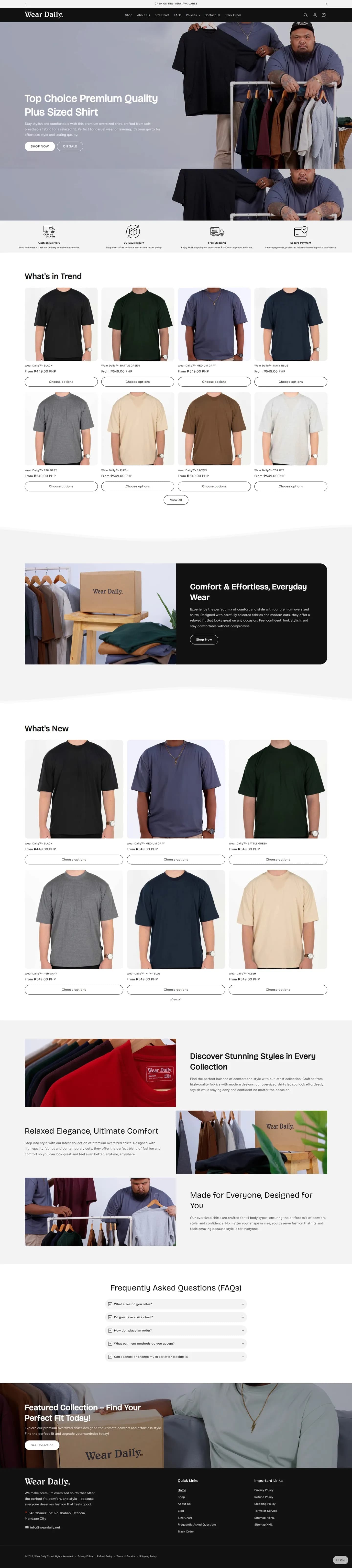 The Wear Daily storefront, leading with plus sized shirt photography.